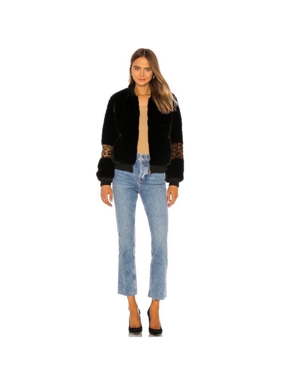APPARIS Jem Faux Fur Bomber Jacket in Black & Plush Leopard Size EXTRA SMALL XS